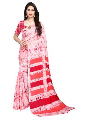 Pink printed crepe saree with blouse 3