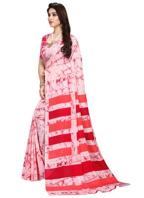 Pink printed crepe saree with blouse 1