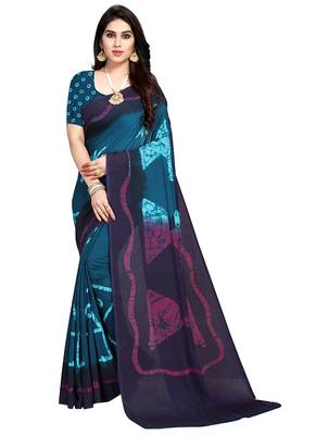 Blue printed crepe saree with blouse 2