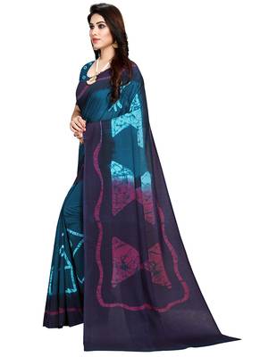 Blue printed crepe saree with blouse 4