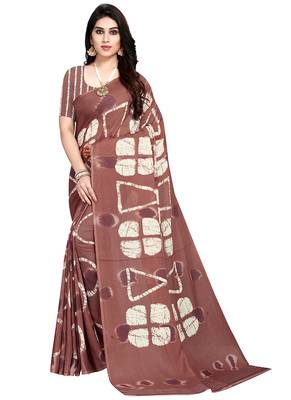 Brown printed crepe saree with blouse 2