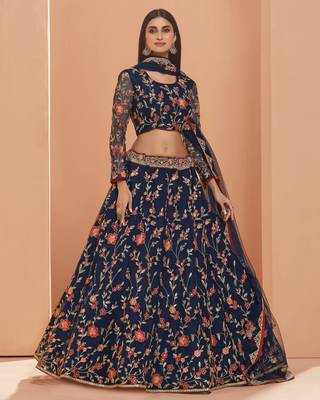 Blue embroidered net semi stitched lehenga 1