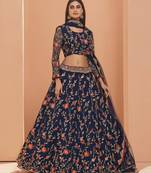 Blue embroidered net semi stitched lehenga