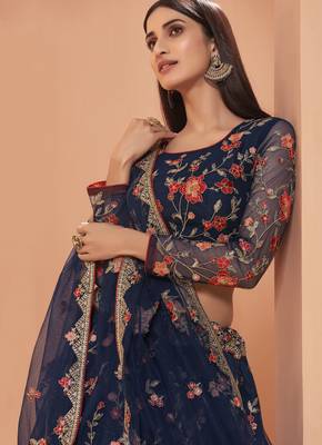 Blue embroidered net semi stitched lehenga 2