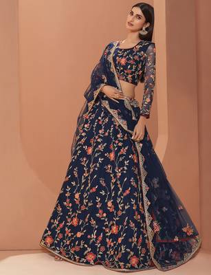 Blue embroidered net semi stitched lehenga 3