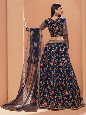 Blue embroidered net semi stitched lehenga 4