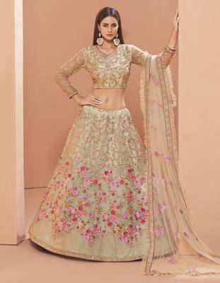 Light-green embroidered net semi stitched lehenga 2