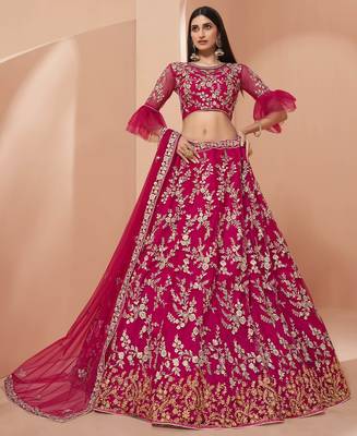 Pink embroidered net semi stitched lehenga 1