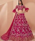 Pink embroidered net semi stitched lehenga