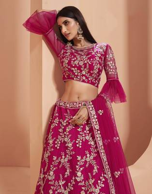 Pink embroidered net semi stitched lehenga 2