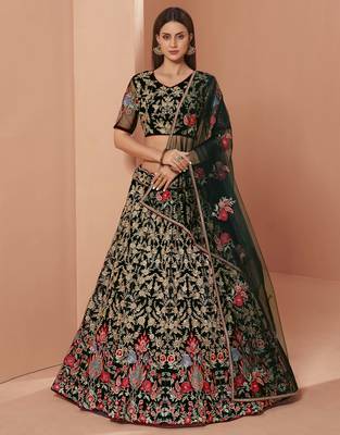 Green embroidered net semi stitched lehenga 1