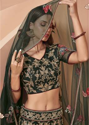 Green embroidered net semi stitched lehenga 2