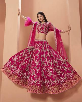Pink embroidered net semi stitched lehenga 3
