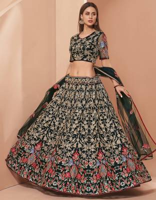 Green embroidered net semi stitched lehenga 3
