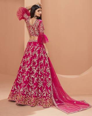 Pink embroidered net semi stitched lehenga 4