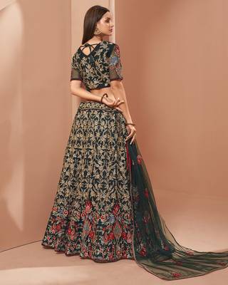Green embroidered net semi stitched lehenga 4