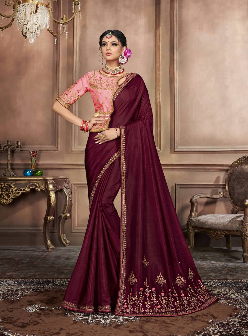 Maroon plain georgette saree with blouse