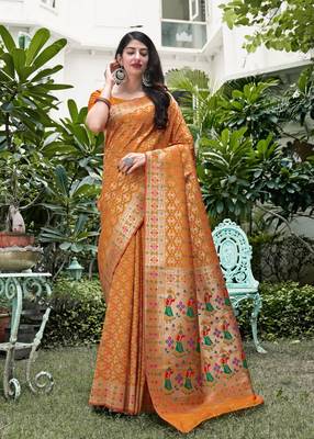 Mustard woven banarasi silk saree with blouse 1