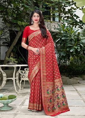 Red woven banarasi silk saree with blouse 1