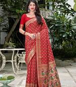 Red woven banarasi silk saree with blouse