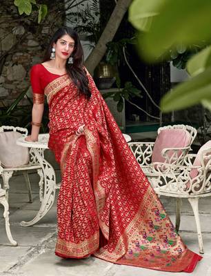 Red woven banarasi silk saree with blouse 2