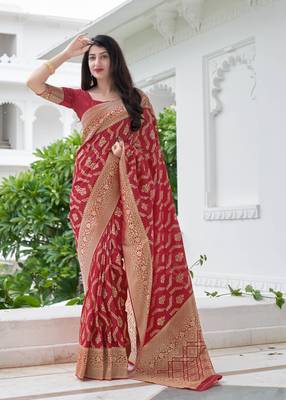 Red woven banarasi silk saree with blouse 1