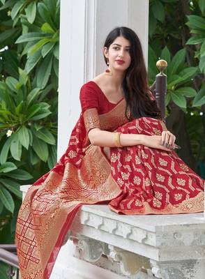 Red woven banarasi silk saree with blouse 2