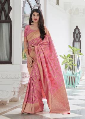 Light pink woven banarasi silk saree with blouse 1