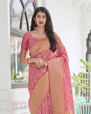 Light pink woven banarasi silk saree with blouse 2