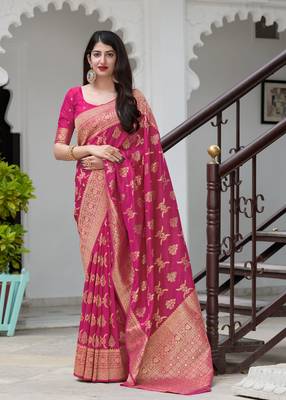 Rani pink woven banarasi silk saree with blouse 1