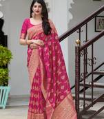 Rani pink woven banarasi silk saree with blouse