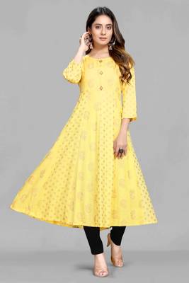 Yellow printed viscose rayon long-dresses 1
