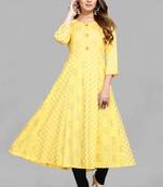 Yellow printed viscose rayon long-dresses