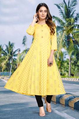 Yellow printed viscose rayon long-dresses 2