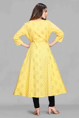 Yellow printed viscose rayon long-dresses 3
