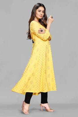 Yellow printed viscose rayon long-dresses 4