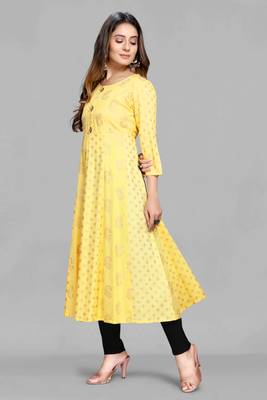 Yellow printed viscose rayon long-dresses 5