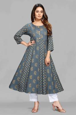 Grey printed viscose rayon long-dresses 1