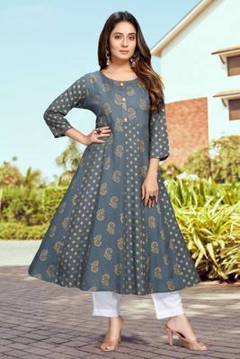Grey printed viscose rayon long-dresses 2