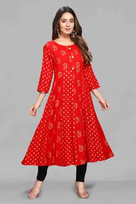 Red printed viscose rayon long-dresses 1
