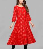 Red printed viscose rayon long-dresses