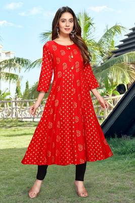 Red printed viscose rayon long-dresses 2