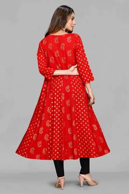 Red printed viscose rayon long-dresses 3