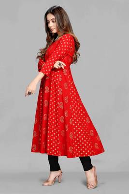 Red printed viscose rayon long-dresses 5