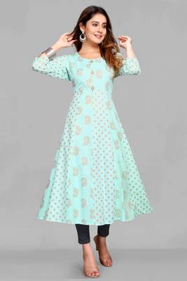 Sky-blue printed viscose rayon long-dresses 1