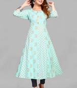 Sky-blue printed viscose rayon long-dresses