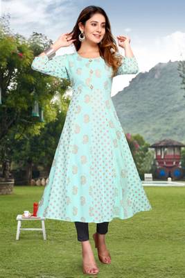Sky-blue printed viscose rayon long-dresses 2