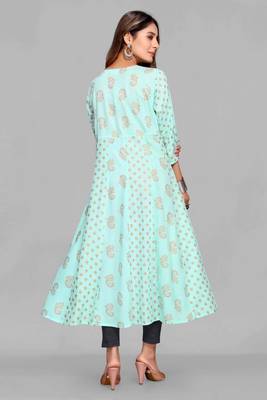 Sky-blue printed viscose rayon long-dresses 3