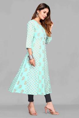 Sky-blue printed viscose rayon long-dresses 4