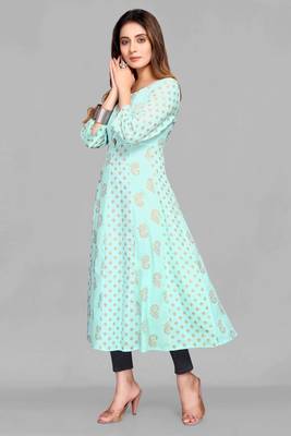 Sky-blue printed viscose rayon long-dresses 5